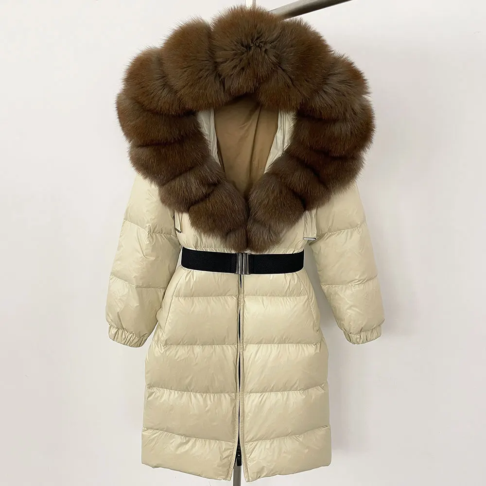 New Natural Thick Warm Long Winter Jacket Women Real Big Fox Fur Collar Belt Loose Puffer Parka 90% White Duck Down Coat