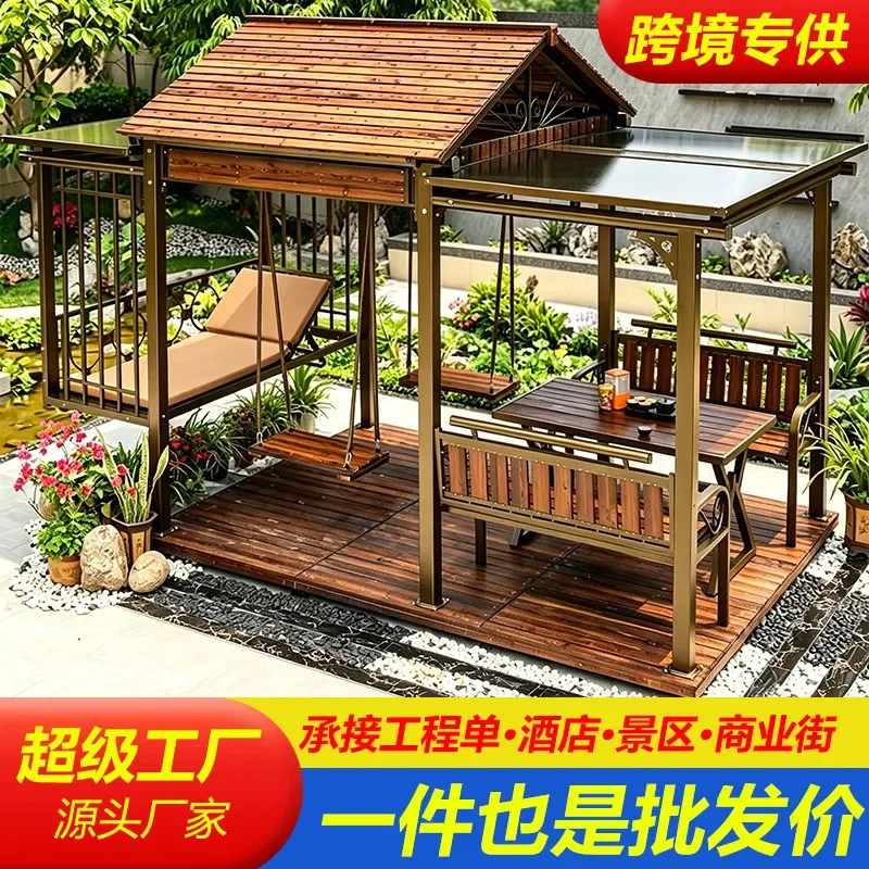 For Outdoor Courtyard Garden Villa Yard Solid Wood Carbonized Wood Pavilion Swing Bed with Awning Leisure Rooftop Furniture