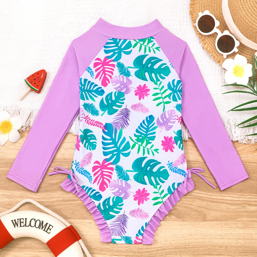 Baby Girls Swimsuit Long Sleeve Rash Guard Zipper Front Bathing Suit Hawaiian Swim Shirts Tropical Print Swimming Costume