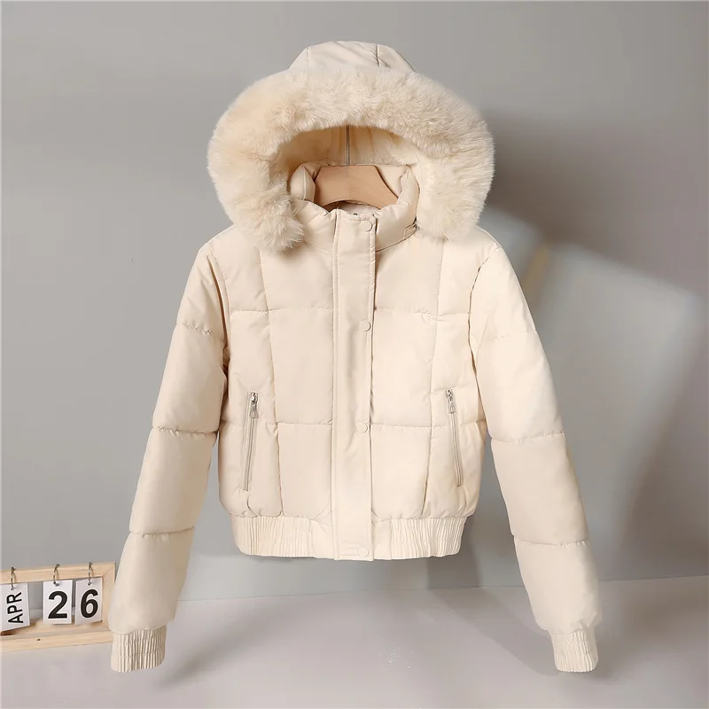 Women's Cotton-Padded Jacket 2025 Winter Fleece Thickened Fashionable Short Hooded Long-Sleeved Petite-Fit Warm Outerwear