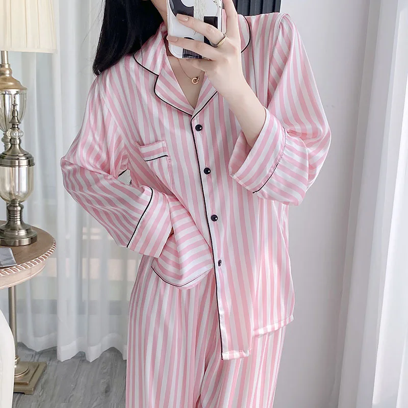 Pink Striped Pajama Set Loungewear Long Sleeves Pants Home Wear Women\'s Printed Lapel Sleepwear Satin Loose Casual Nightwear