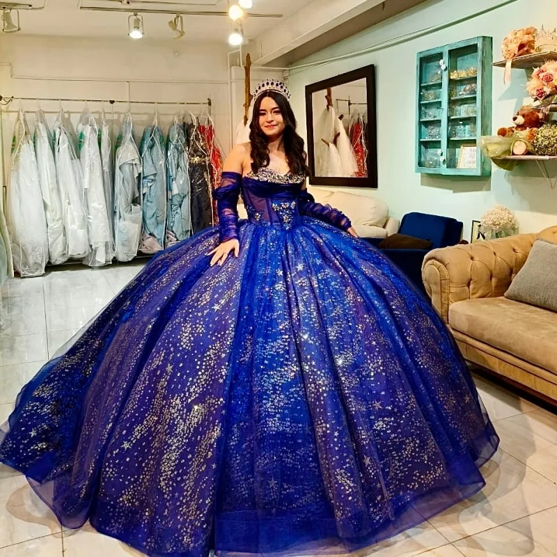 

Shiny dark blue Quinceanera Dress off-shoulder crystal flower decal Bow vestidos de 15 Quinceanera ﻿Customize