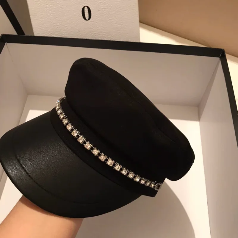 European and American Retro Flat Top Duckbill Hat Women's Korean Version Chain Woolen Beret Hat