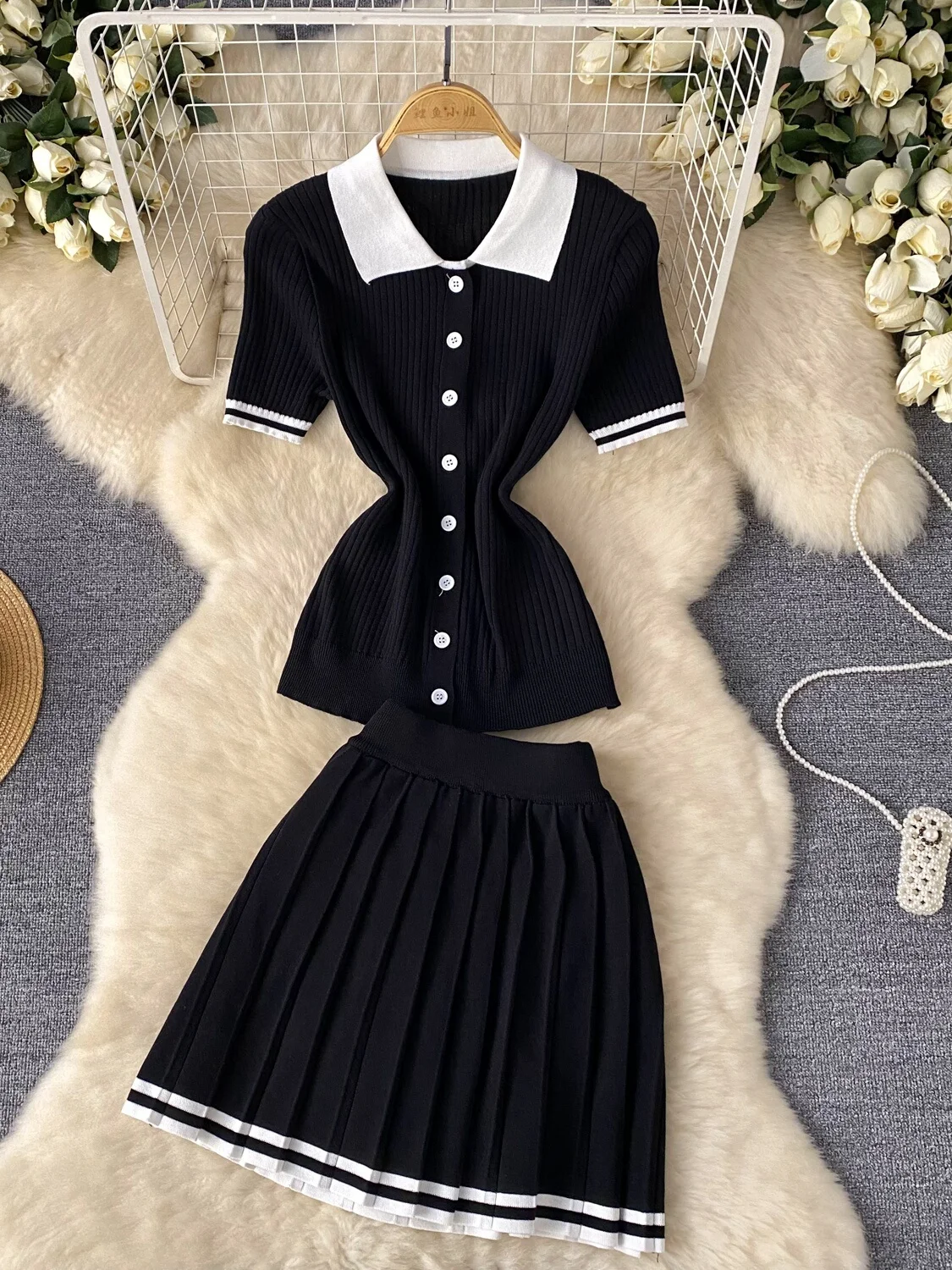 Foamlina 2 Pieces Set for Women Summer Sexy Polo Collar Short Sleeve Buttons Knit Top and Elastic Waist Mini Pleated Skirt Suits