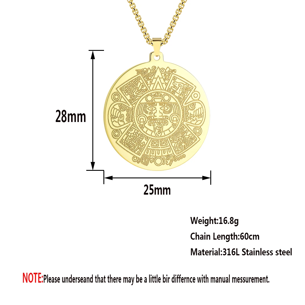 CHENGXUN Aztec Mayan Calendar Pendant Necklace for Men Boys Stainless Steel Amulets Round Coin CharmSteel Hip Hop Chains for Men