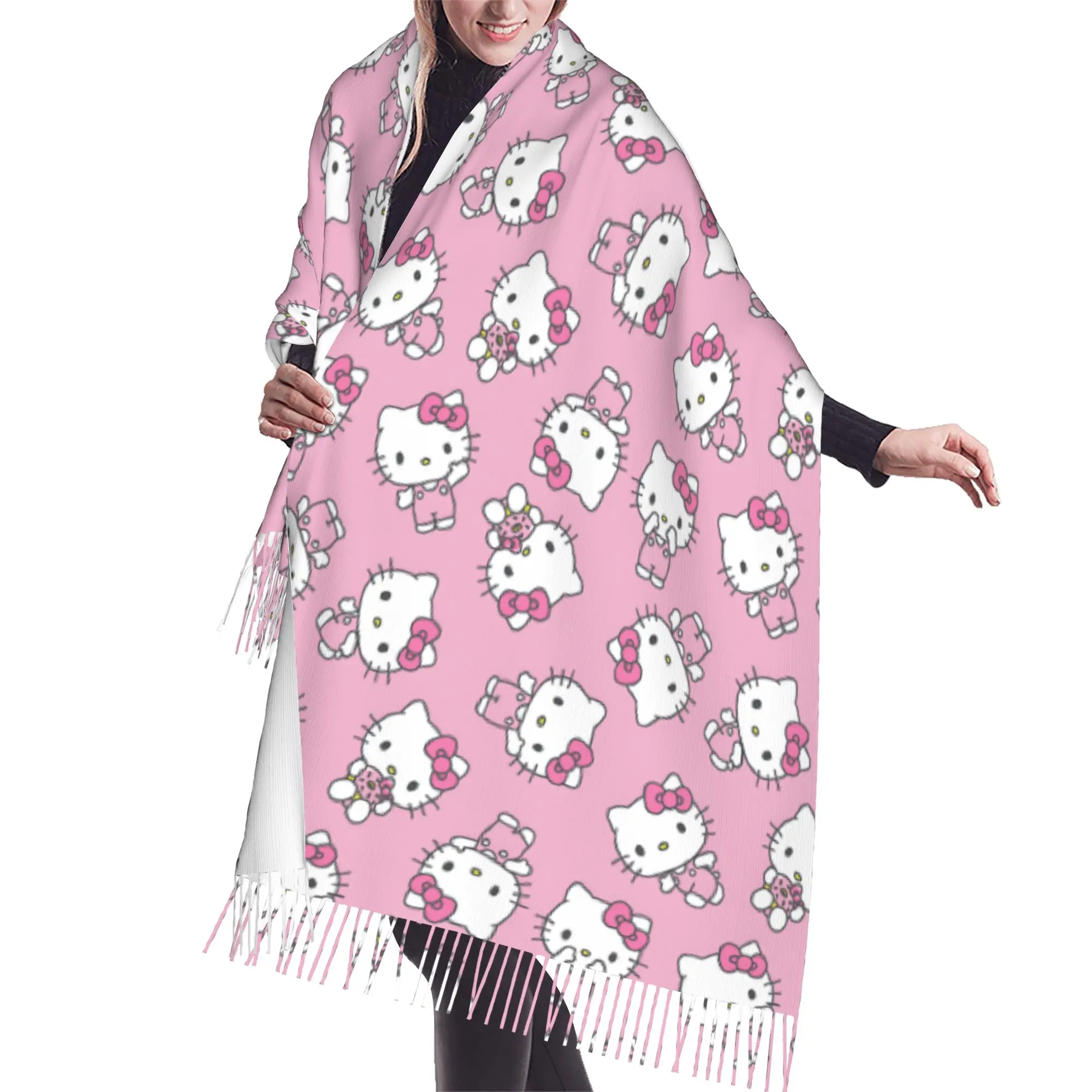 Custom Kitten Cat Cartoon Tassel Scarf Women Soft Anime Shawls Wraps Ladies Winter Scarves