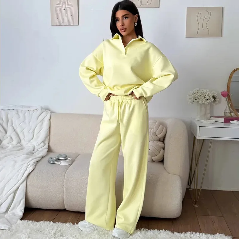 Women Casual Sport 2 Piece Outfits Solid Color Long Sleeve Button Down Collar Pullover Sweatshirt Tie Pants Set