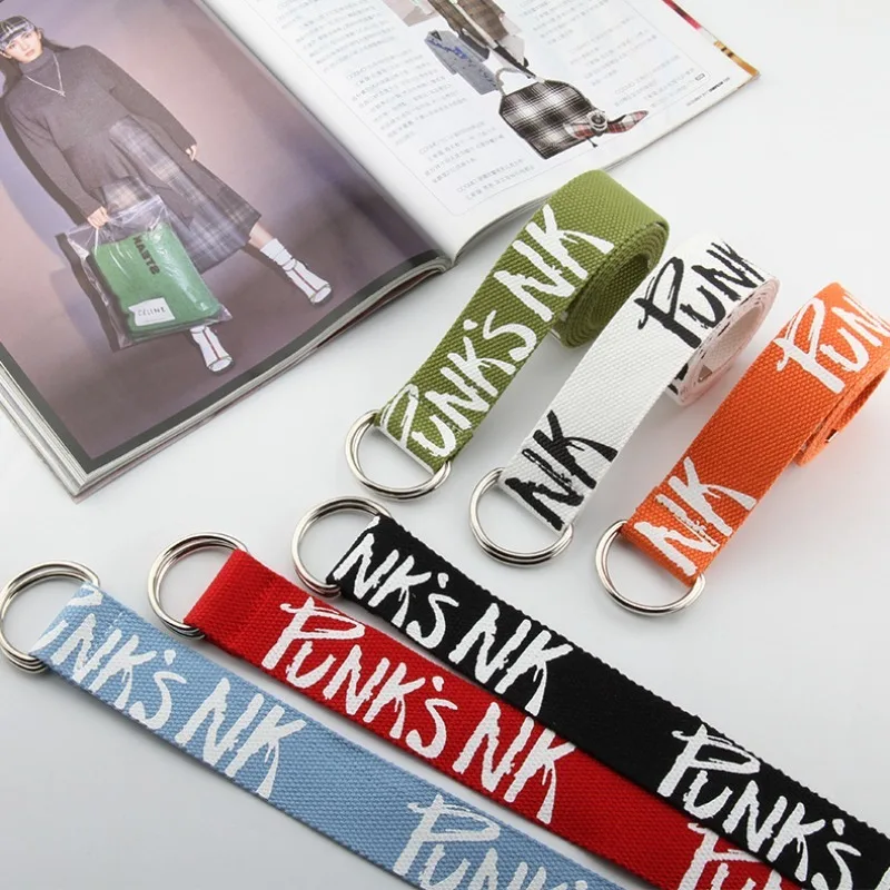 Korean-Style Trendy English-Print Denim Unisex Belt Everyday Versatile Double-Ring Buckle Student Belts for Men and Women