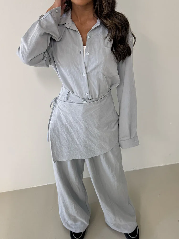 

VTKW Women's Fashionable Solid Color Shirt+Stacked Layered Lace Up Waist Cinching Fake Two-piece Casual Pants Set 2025 New