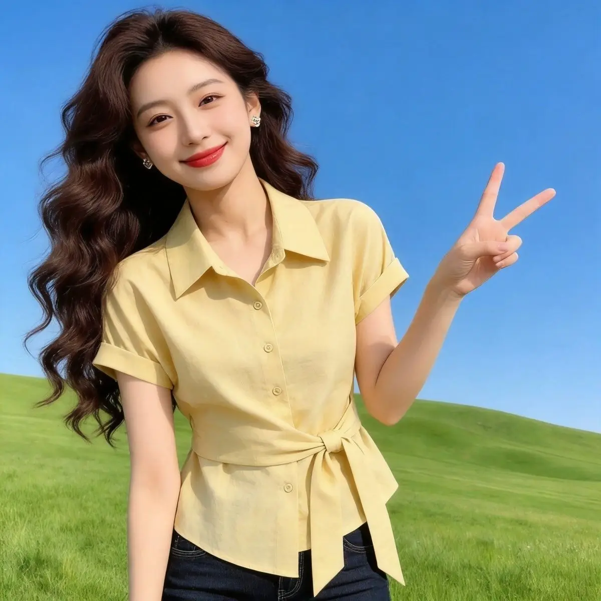 Korean Style Summer New Fashion Shirt Women's Design Sense Waist Cinching Belted Cover up Top Short Sleeve Polyester Fiber