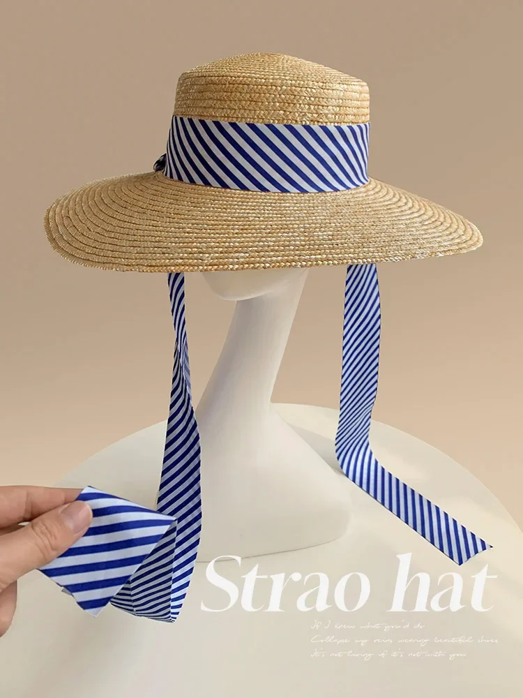 Natural Grass  Wide Brim Sun Hat Straw Women  Stripe Blue White Beach Hats Girls Personalized Summer Beach Hat Trip Bride