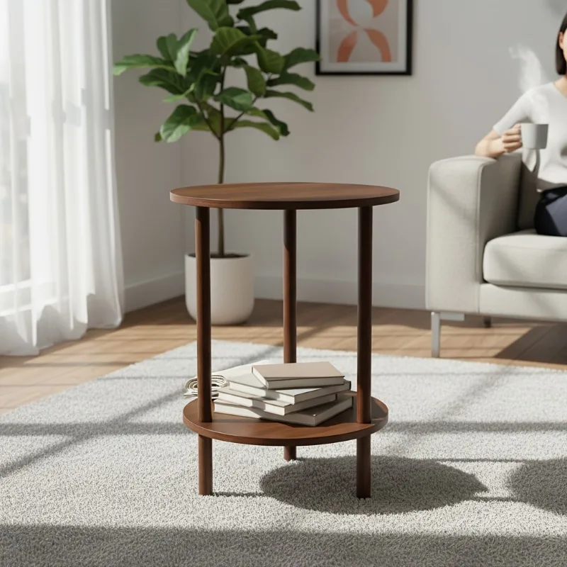 Modern Round Nesting Coffee Table, 2-Tier Wood Table in Walnut, Space-Saving Nestable Side Table for Living Room Small Spaces