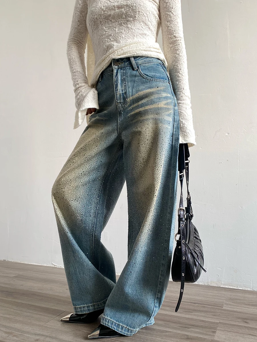 

Retro American Waed Loose Wide Leg Jeans Women's High Waist Straight Cut Rhinestone Decorated Street Sle Jeans