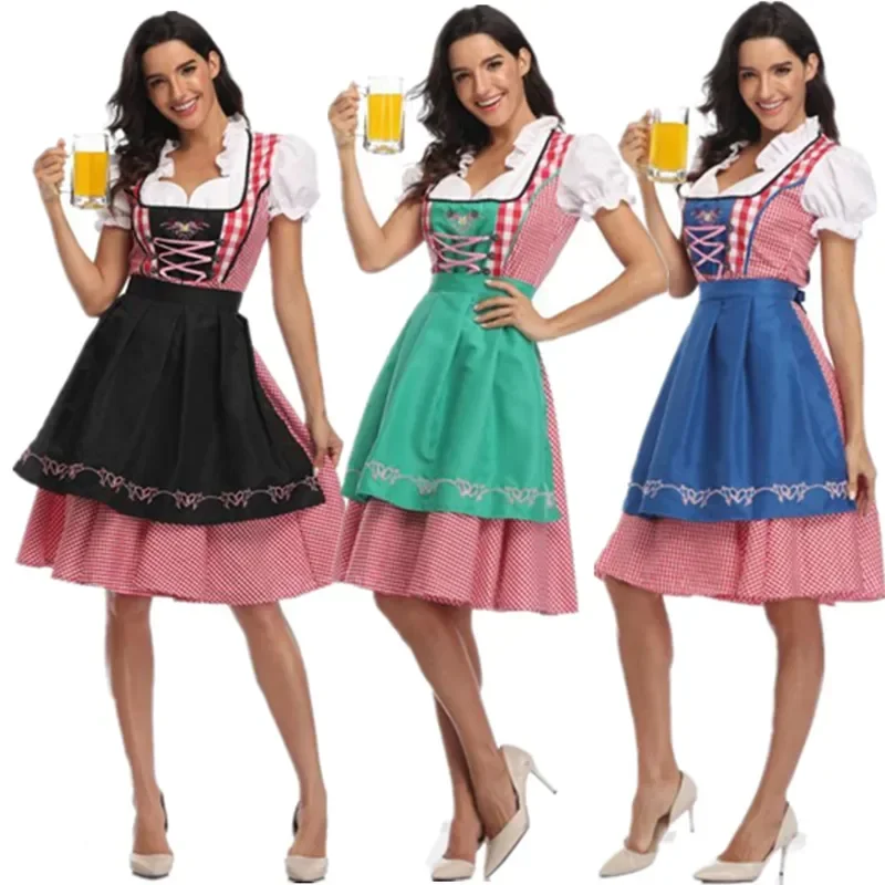 Woman Oktoberfest Plaid Dirndl German Bavarian Beer Wench Waitress Costume Cosplay Carnival Halloween Party Dress B12