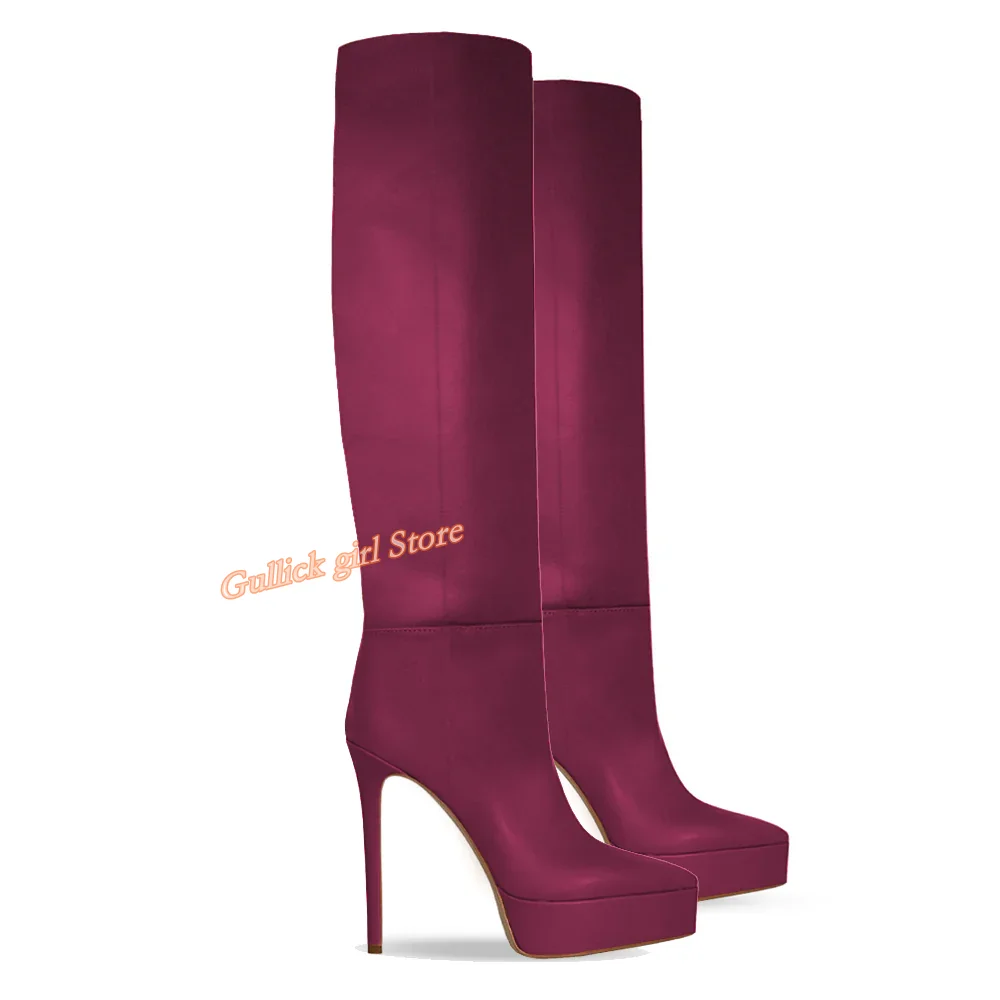 

Burgundy Knee High Platform Boots Stiletto Thin High Heel Solid Matte Leather Zipper Pointy Toe Runway Women Dress Shoes