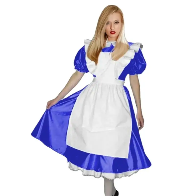 

French Sexy Adult Custom Fetish Cross Dressing Sissy Blue PVC Short Sleeved Independent Apron with Lining Dress