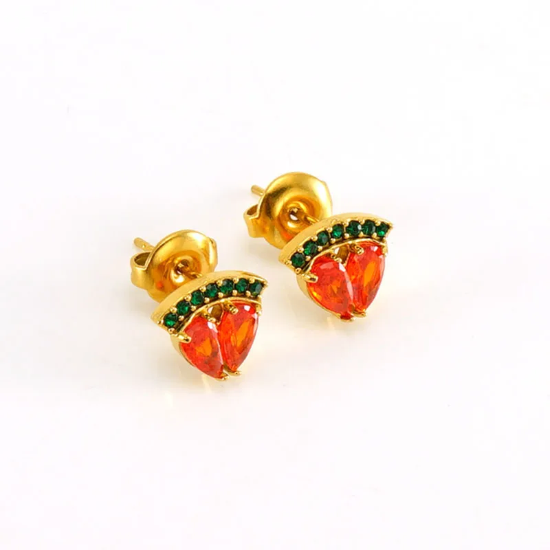 

I​NS Trendy 18k Gold Plated Stainless Steel Cute Small Strawberry Cubic Zirconia Stone Stud For Girls Stylish Fruit Earring Gift