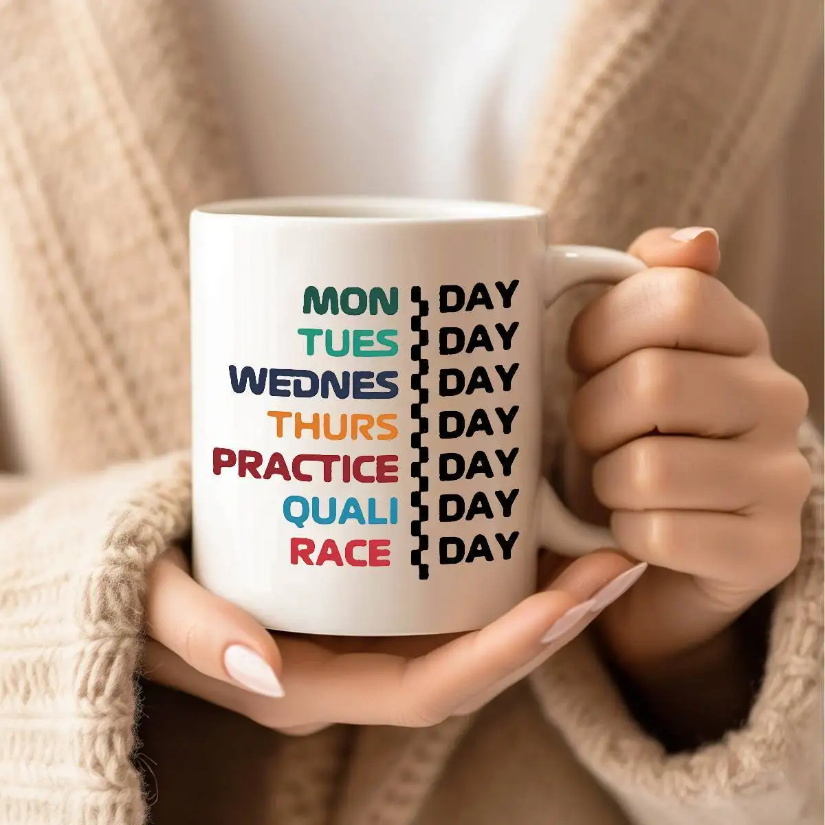 11oz Racing Ceramic Mug - Motivational weekday design for F1 fans, dads, boyfriends - Perfect coffee for birthdays, race days