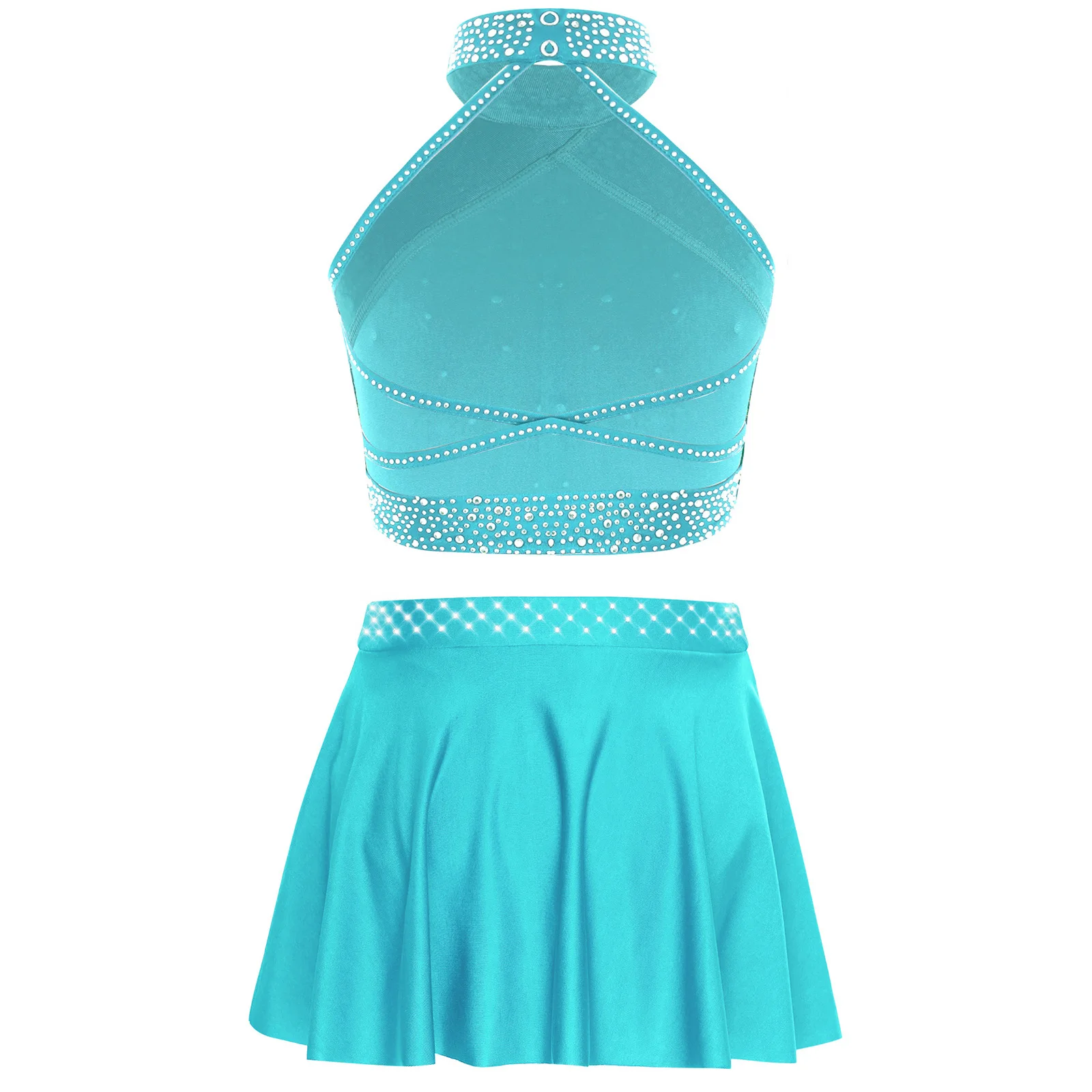 Dziecięcy strój do tańca lirycznego dla dziewczynek, top typu halter z krzyżującymi się ramiączkami na plecach, błyszczące cyrkonie, krótki top + spódnica do łyżwiarstwa figurowego, baletu, jazzu, latynoamerykańskie.