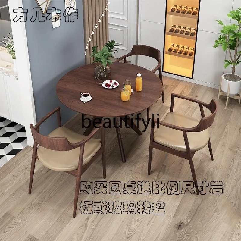 

S7486teae Nordic round dining table size apartment log, North American black walnut log simple dining table and chairs