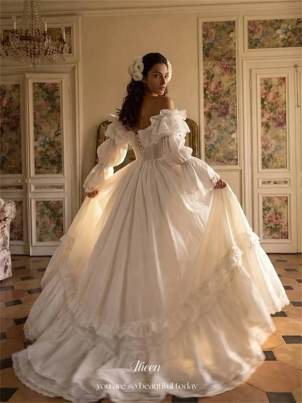 Aileen Taffeta Off The Shoulder White Ball Gown Princess Prom Dress Vintage Victorian Silhouette Off-Shoulder Ruffles Customized