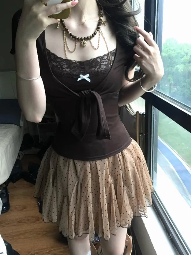 Genayooa Japanische Y2k Zweiteilige Oberteile für Damen, kurzärmelig, Spitze, Patchwork, Camis + Schnür-Smock, Fairycore 2000er-Jahre-T-Shirt-Oberteile, E-Girls – Detail 4
