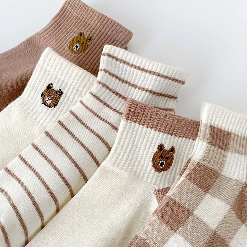 Calcetines tobilleros con diseño de oso de peluche para mujer, medias cómodas y bonitas, 5 pares