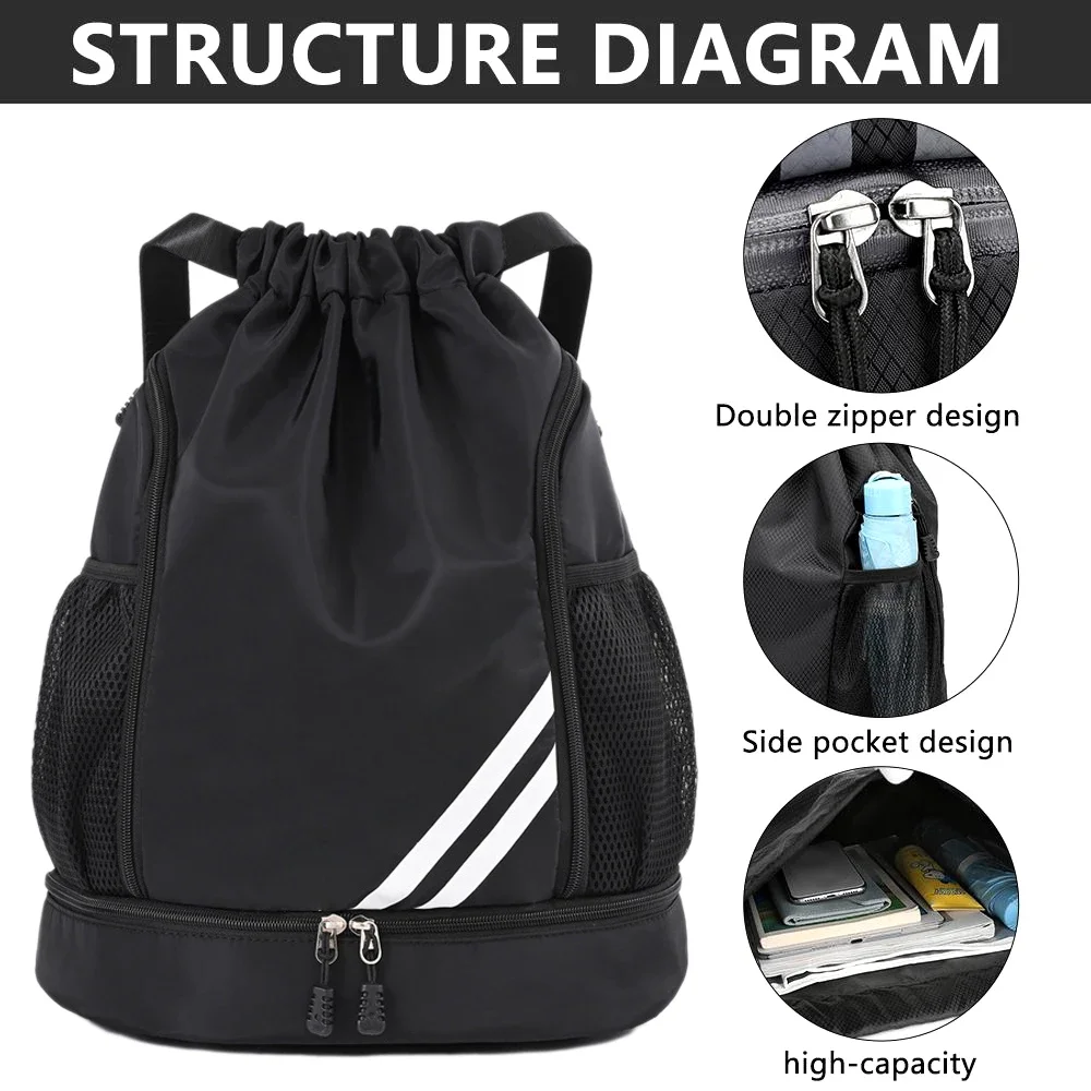 Waterproof Gym Backpack - Sports Bag w/Shoe Compartment & Wet Pocket for Basketball/Swimming/Travel, Lightweight Drawstring