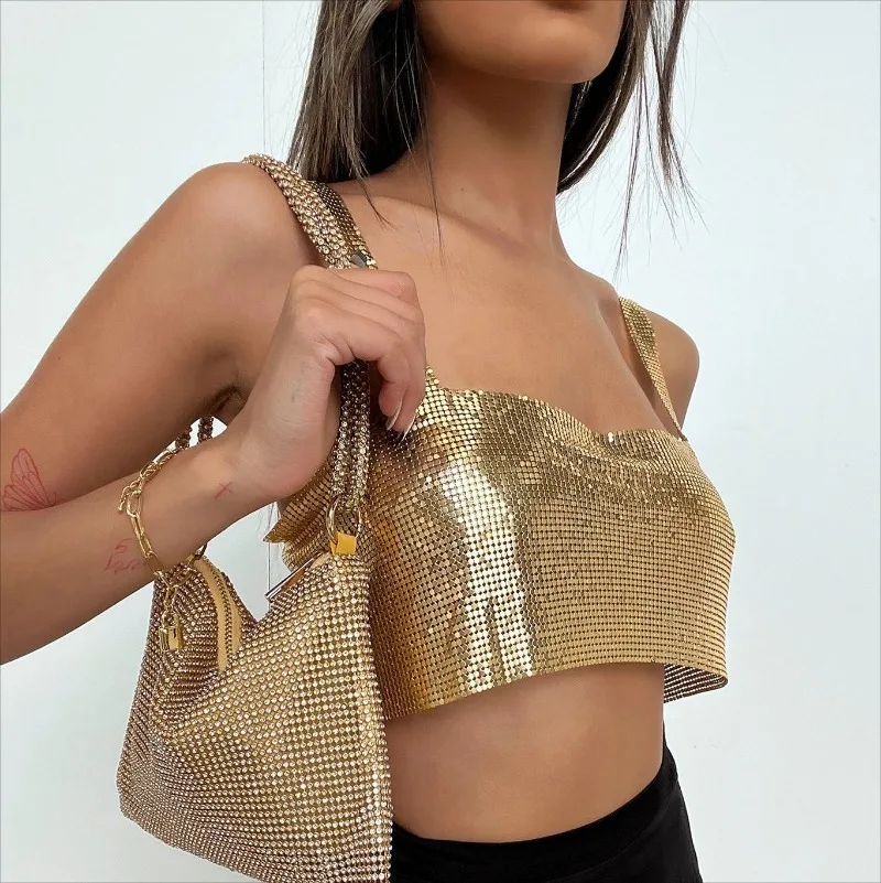 2023 Sexy Metal Sequin Tank Concert Top For Women y2k Summer Beach Backless Crop Top Rave Festival Club Outfits Camisole