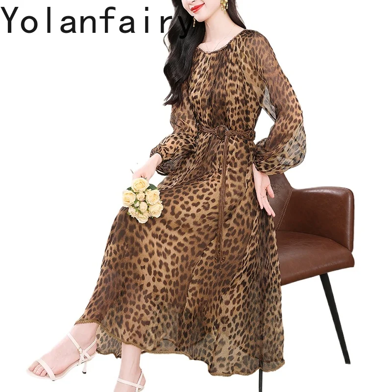 YOLANFAIRY 100%ธรรมชาติผ้าไหมหม่อนชุดผู้หญิงต้นฤดูใบไม้ร่วงแขนยาวเสือดาวชุดวันหยุดชุดเสื้อคลุมยาว