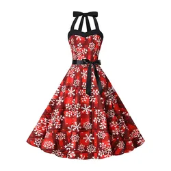 Christmas Dress Women Sexy Halter Vintage Snowflake Print Retro Swing Xmas Party Sundress Holiday New Year