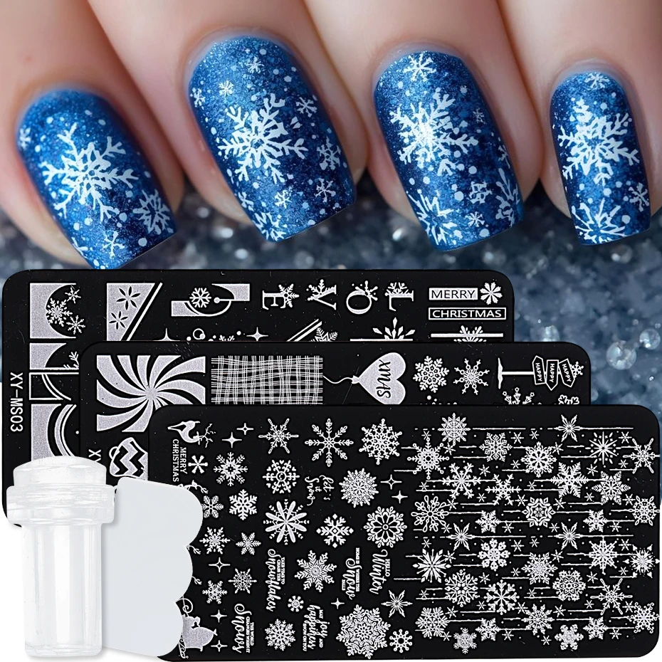 3pcs Christmas Nail Art Stamping Plates  Snowflake Bow Gloves Deer French Image Template Transfer Mold Manicure Stencil Tools
