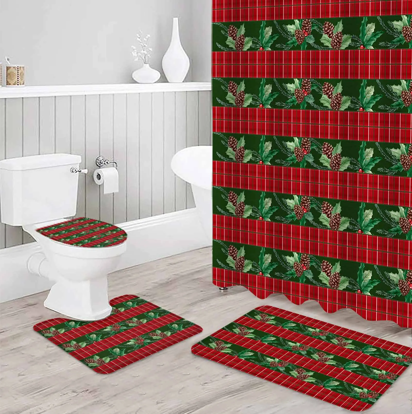 ChristmasPlantsBerriesPolyester printed shower curtain bathroom set,luxurious curtainsabstract 4-piece setcoral fleece floor mat