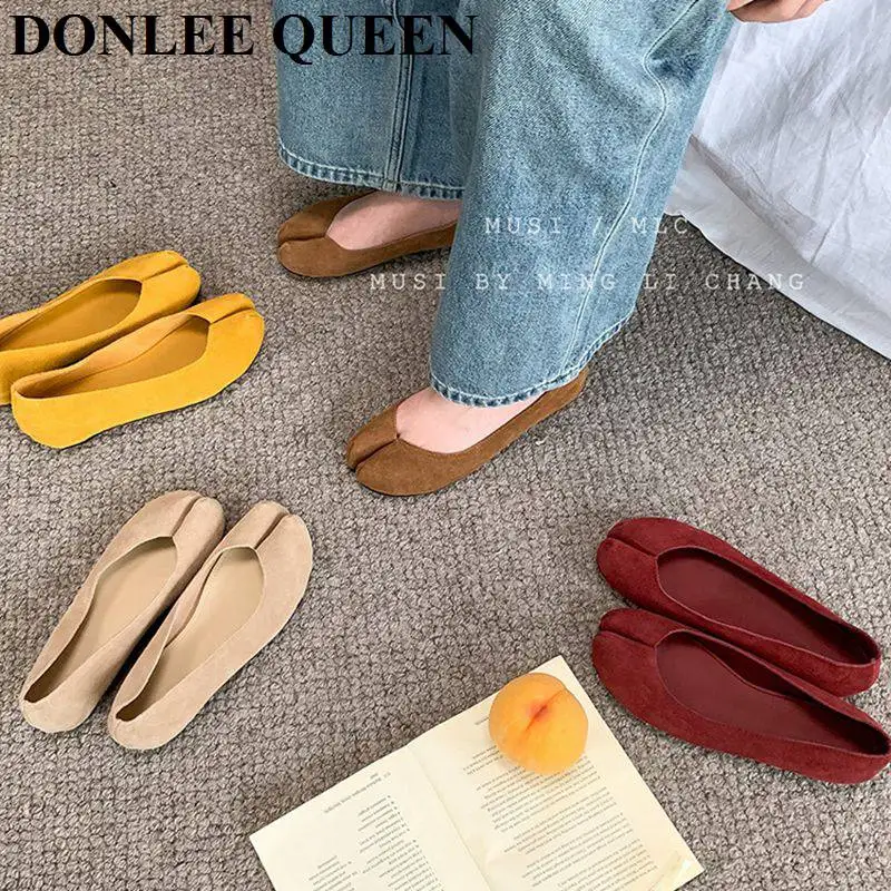 

Women Tabi Ninja Ballet Flats Split Toe Mary Janes Cow Suede Leather Shallow Ballerina Shoes Solid Female Loafer Ladies Footwear