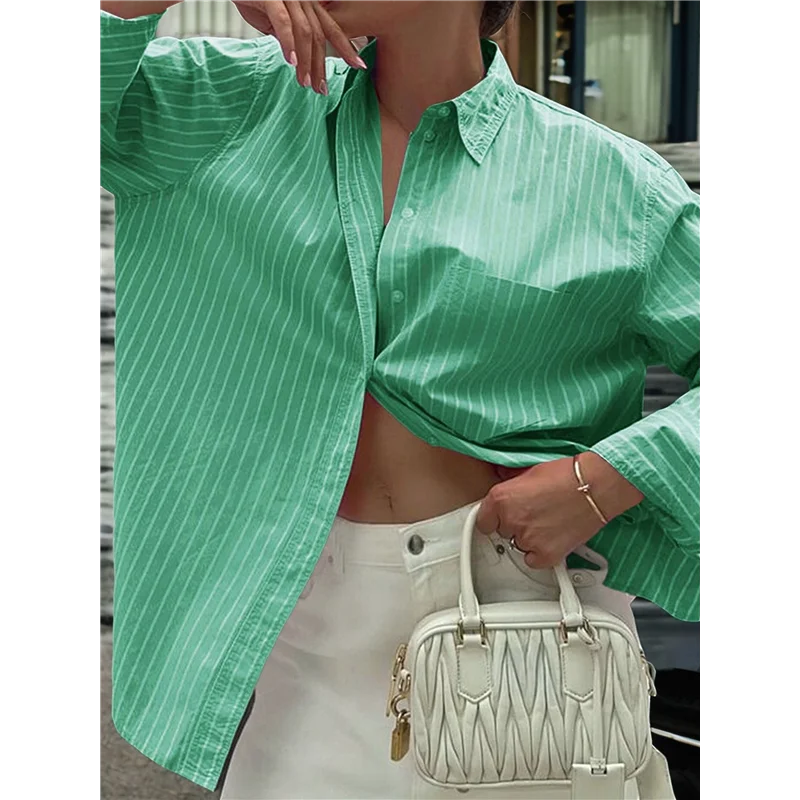 AOAO-Womens Shirts Button Down Stripe Long Sleeve Blouse Fashion Casual Tops 2025