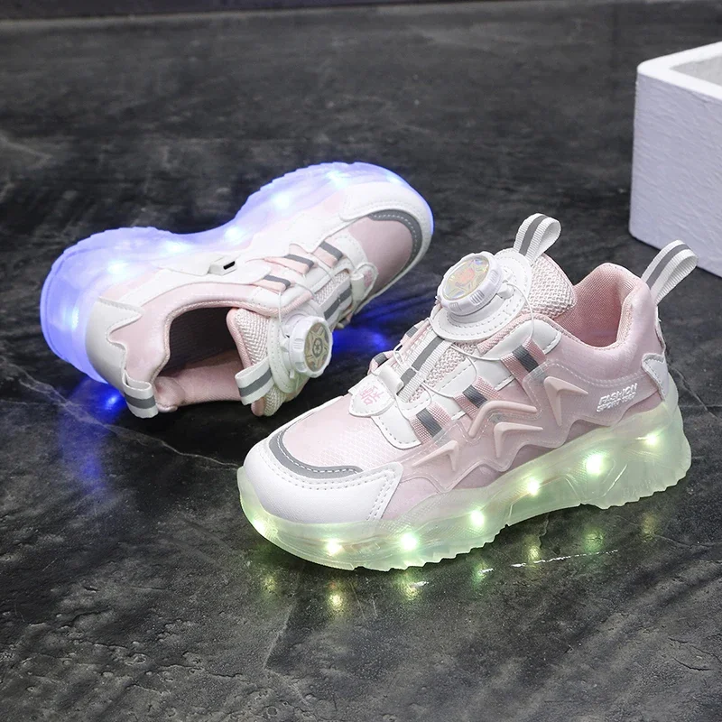 Swivel Buckle Child Casual Shoes Can Shine Light Children High-elastic Sport Shoe Trendy Kid Sneakers Wear-resistant Boy Sneaker