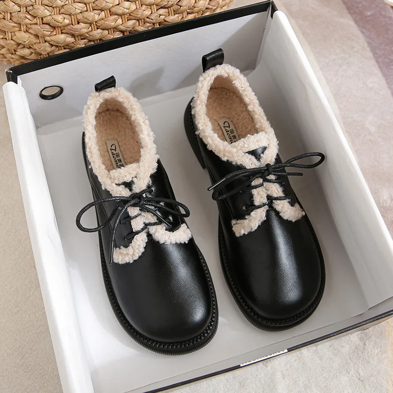 

Новинка 2024, женские зимние лоферы на шнуровке из искусственного меха, теплая обувь, черные кожаные туфли на массивной подошве, большие размеры 41–43, Zapatos Para Mujeres