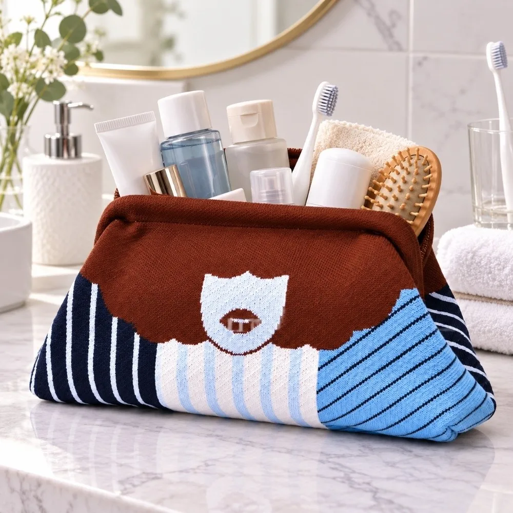 Washable Knitted Clutch Bag Color-Blocking Polka Dots Striped Cosmetic Handbag Lightweight Unique Lip Printed Evening Bag