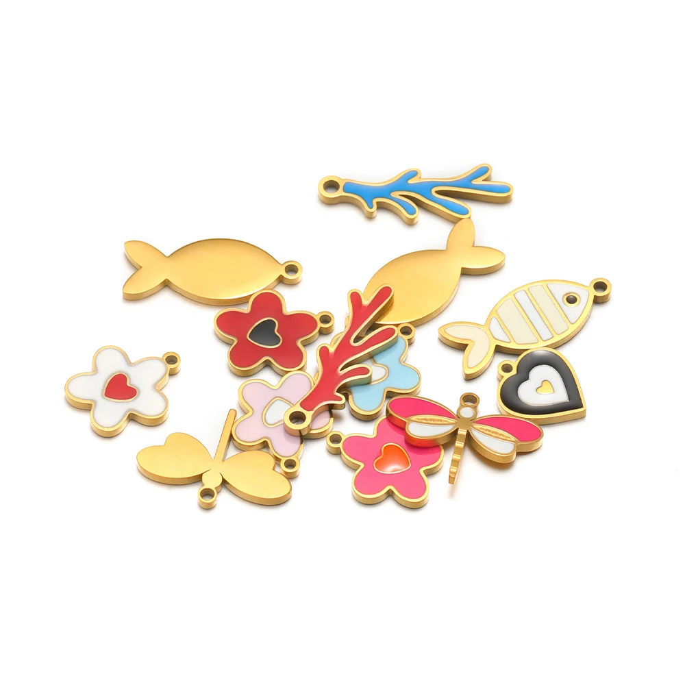

5Pcs Enamel Heart Bow Charms Stainless Steel Colorful Flower Coral Pendants DIY Summer Jewelry Making Necklace Bracelet Findings