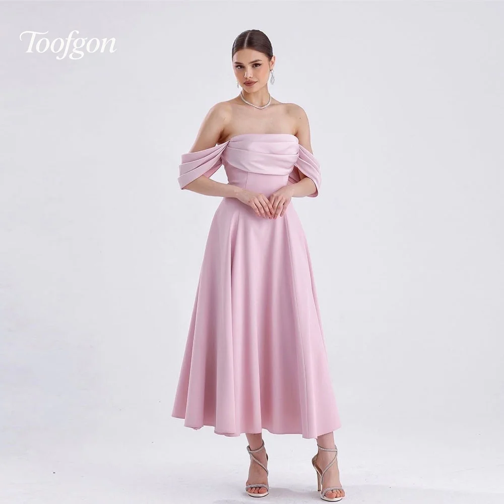 

Toofgon Off Shoulder Pink A Line Prom Dresses Satin Draped Formal Prom Party Dress Women Tea Length Special Occasion Customized