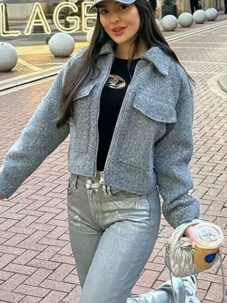 HH Women\'s Autumn Fashion Solid Color Short Jacket Retro Long Sleeve Pocket Zipper Polo Collar Jacket Women\'s Short Top Y2k