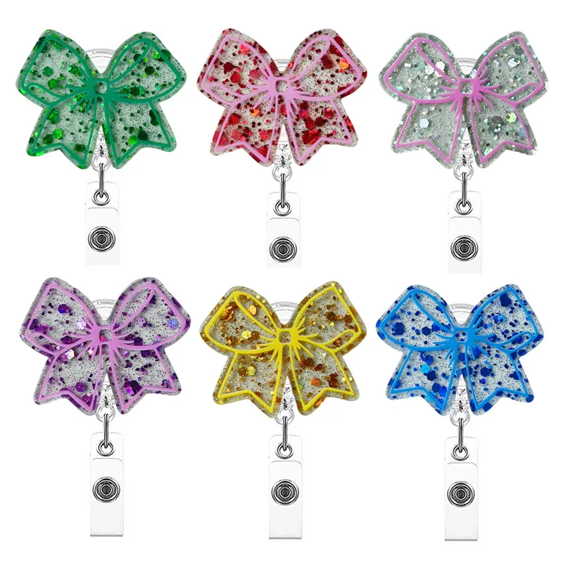 Glitter Acrylic Pink Bow Retractable Badge Reel Cute ID Card Holder for Nurses Doctors Student Employee Lanyard Pull Buckle