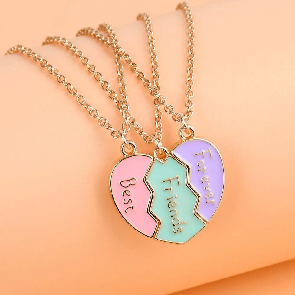 Lovecryst 3Pcs/set Cute 3-color Heart Broken Stitching Magnetic Best Friend Necklace for Girls BFF Friendship Jewelry Gift