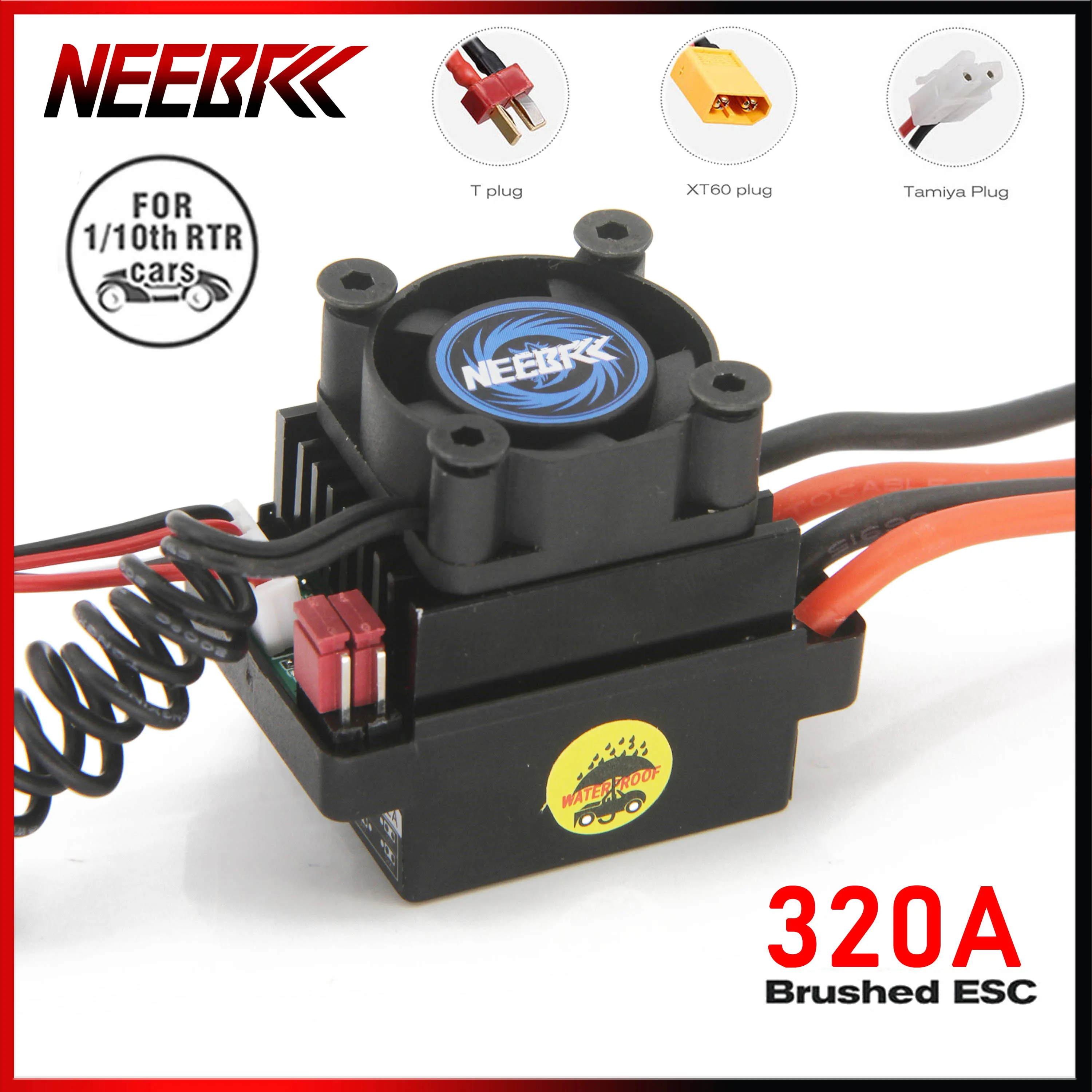 

NEEBRC 320A Waterproof Brushed ESC 5V/2A BEC 60A Speed Controller with 25mm Cooling Fan Heatsink for 1/10 RC Car Boat Motor Part