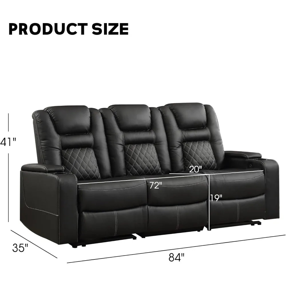 Home Theater Seats, Faux Leather Movie 3 Seat Recliner Sofa with Hidden Arm Storage, Power Gaming Reclining Sofa with USB Charge