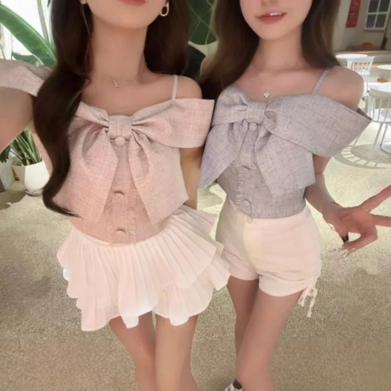 

Japanese new small fragrance style camisole sweet bow sweet spicy girl y2kaesthetic crop top elegant all-match casual tanks