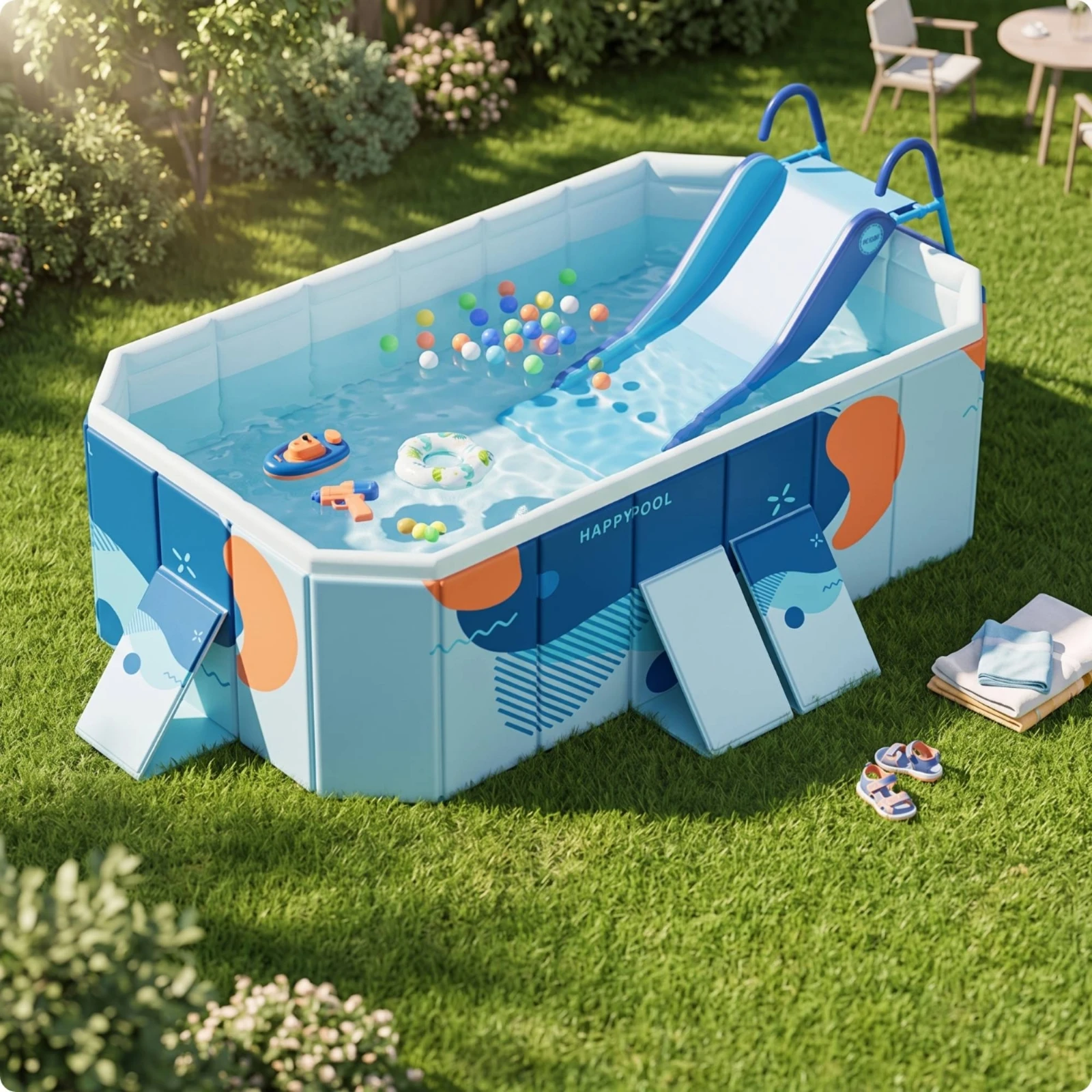 Pool with Slide Portable Non-Inflatable Pool Large Stable for Children, Backyard, Garden