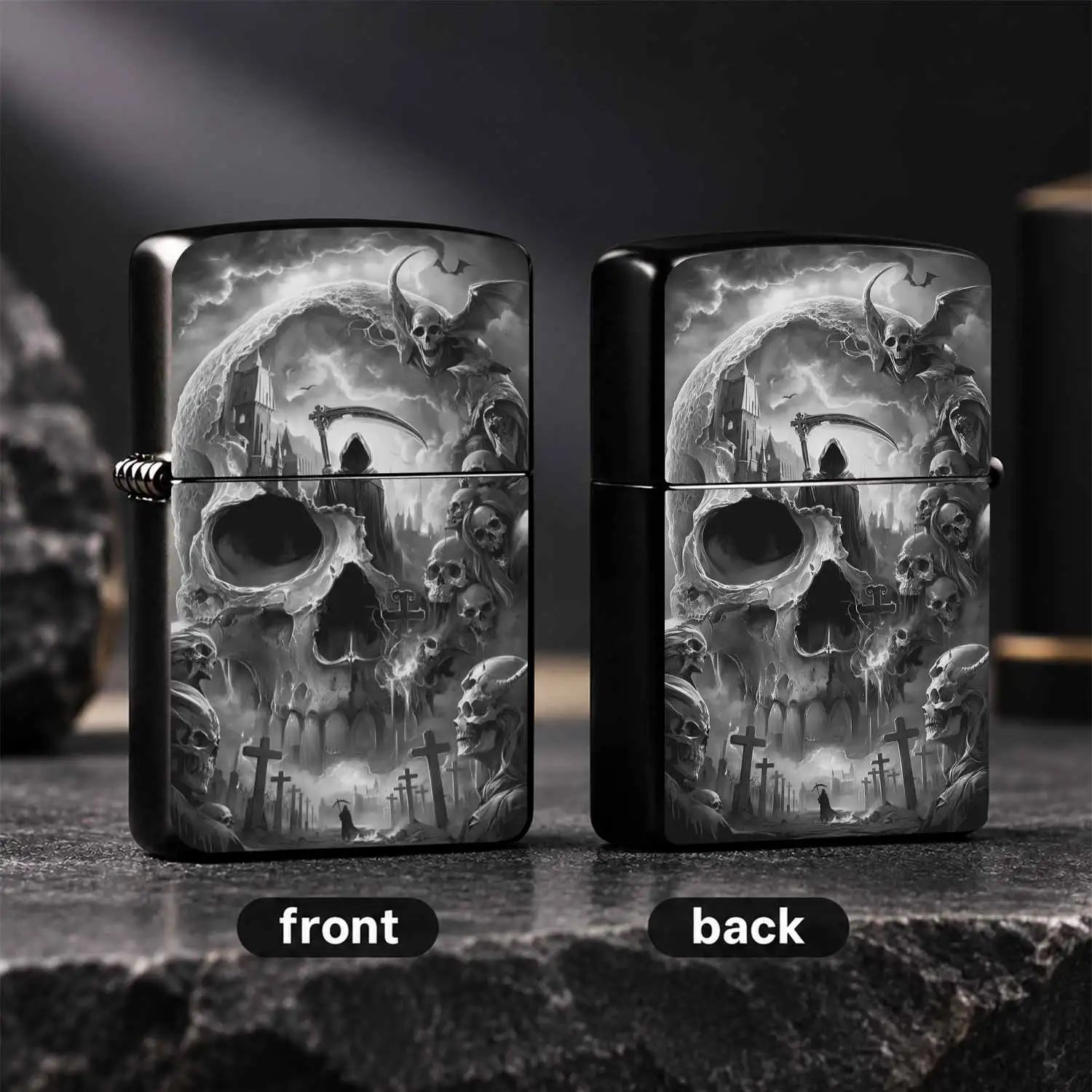 Gothic Dark Death Themed Lighter, Spooky Graveyard Castle Moon Skeleton Pattern, Portable Stylish Accessory, Ideal For Daily Use, Gifting And Personal For All Occasions A Humorous And Interesting Lighter