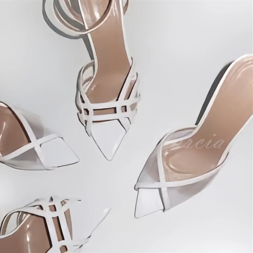 شبكة بيضاء عالية الكعب النعال النساء أشار تو كعب ستيليتو بلون أنيق الصيف جديد الانزلاق على فستان الحفلات البغال #5