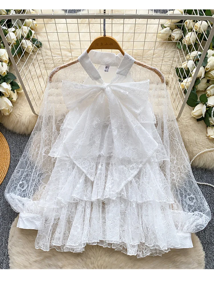 

Весенне-осенняя французская модная кружевная блузка с рукавами-фонариками, новая, абрикосовая, с воротником-бабочкой и краем в виде листьев лотоса, элегантный топ W103